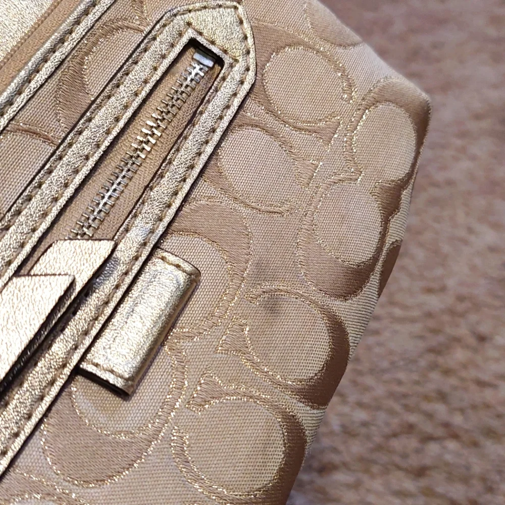 COACH Signature C Canvas and Metallic Leather 3 Pocket Large Wristlet